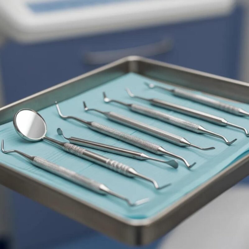 A close-up view of periodontal instruments, including scalers and curettes, on a dental tray
