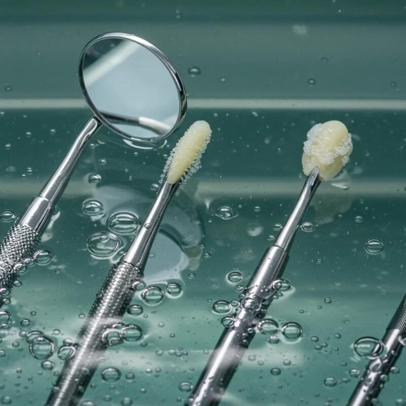 Dental instruments undergoing the electropolishing process in an acid bath, showcasing advanced techniques for enhancing corrosion resistance.