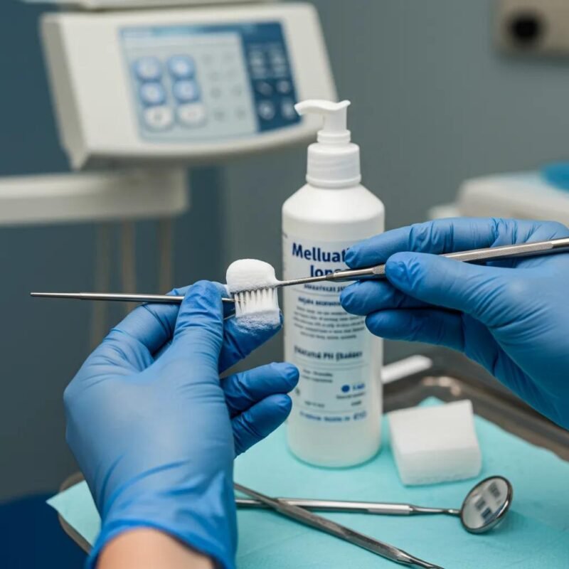 A dental professional meticulously cleaning instruments with a soft brush in a sterile clinic setting, emphasizing the importance of rust prevention techniques.