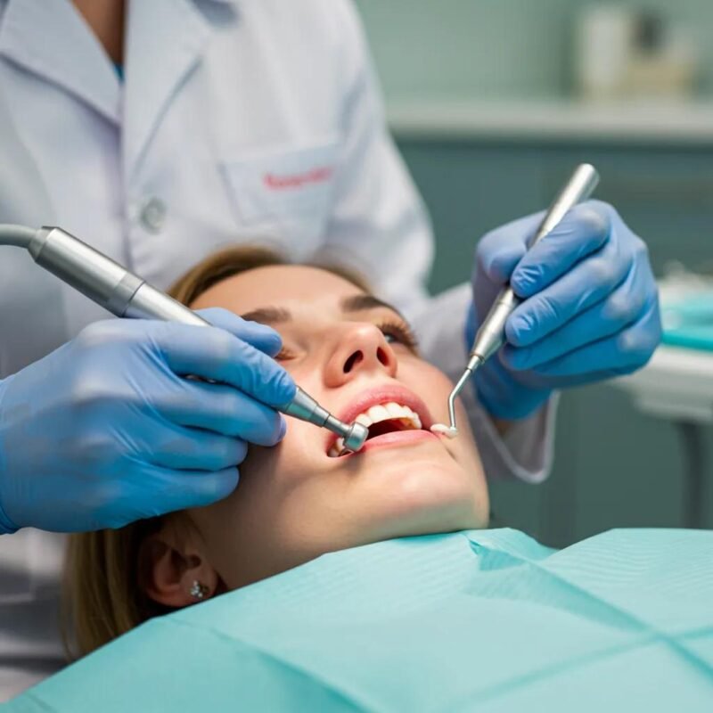 A dental professional using a high-speed handpiece and scaler on a patient in a modern dental office