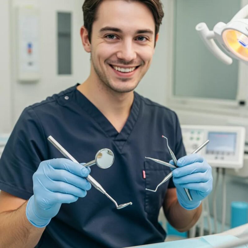 A confident dental professional expertly using ergonomic dental instruments during a procedure, clearly demonstrating the tangible benefits of ergonomics in enhancing clinical practice and well-being.