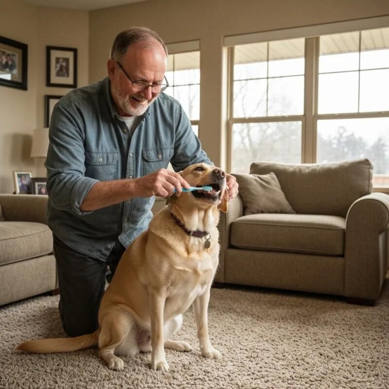 Pet owner brushing a dog's teeth at home to show practical at-home dental care