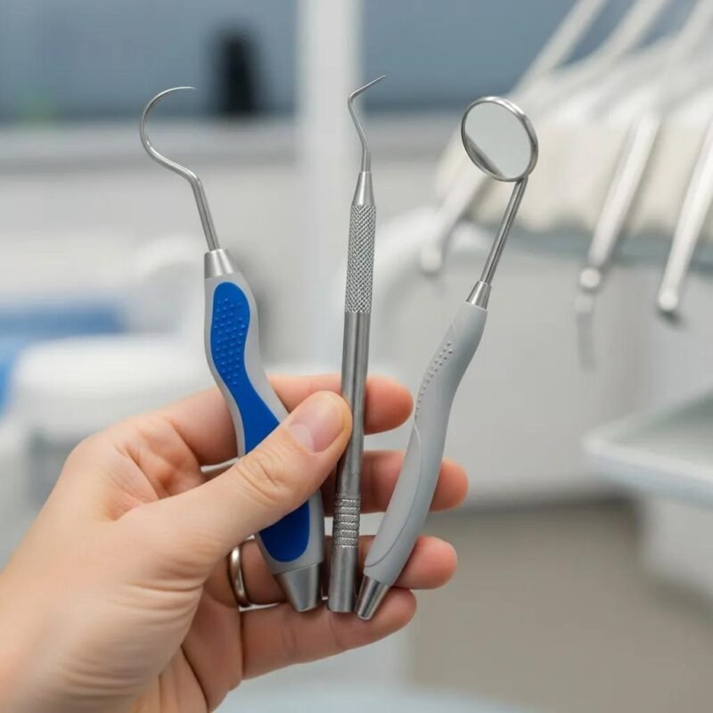 Close‑up of ergonomic dental instruments in hand, highlighting comfortable handles and balanced design