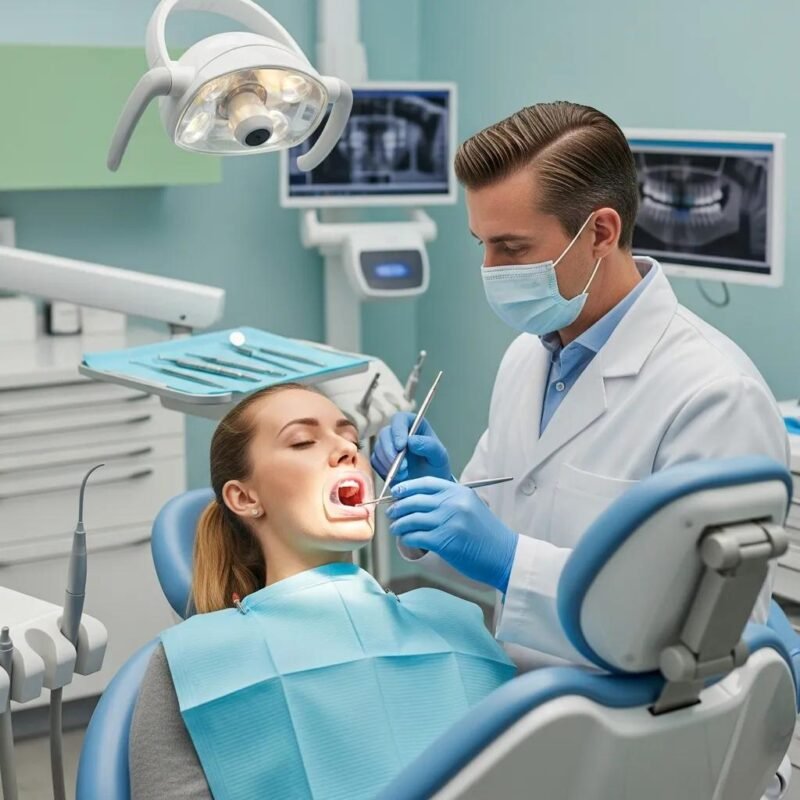 Dentist using a precise, sharpened instrument on a relaxed patient to illustrate comfort and care