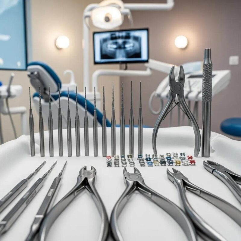 Essential endodontic and orthodontic instruments arranged on a sterile dental tray