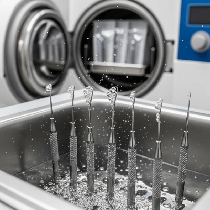 Fine‑tip dental scalers in a cleaning tray — demonstrating proper maintenance and sterilization care