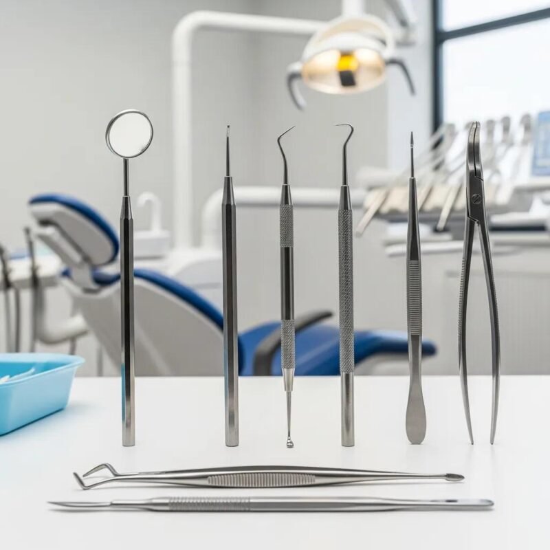Selection of diagnostic and surgical dental instruments neatly arranged on a sterile tray