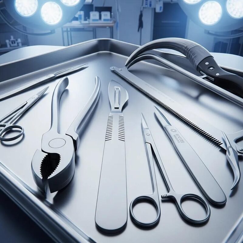 Cutting instruments for large animal surgeries including scalpels, bone cutters, and dehorning saws on a surgical table