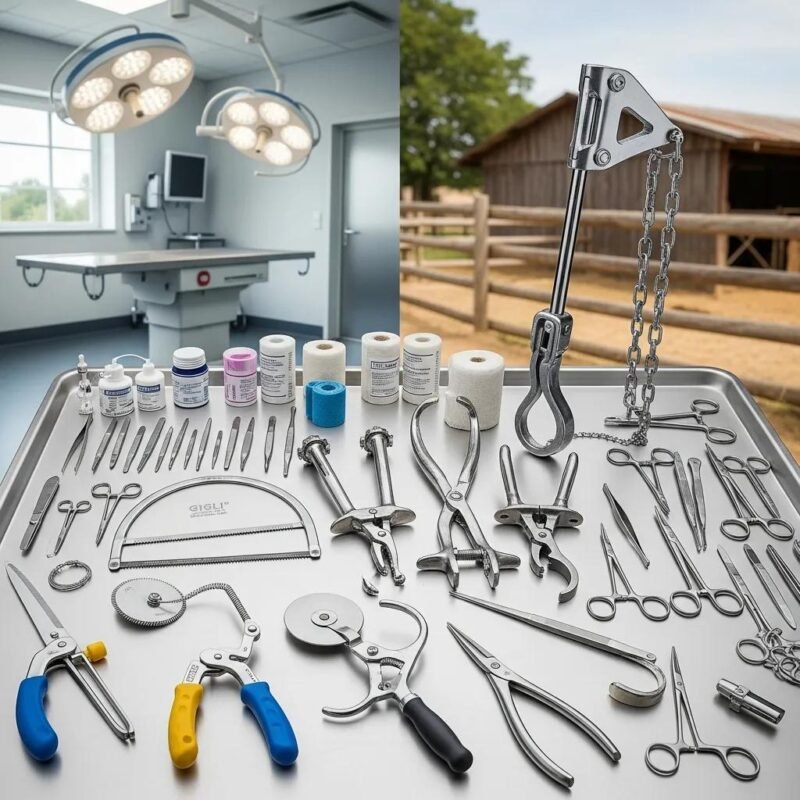 Essential bovine surgical instruments including dehorning saws, emasculators, and calf pullers in a veterinary setting