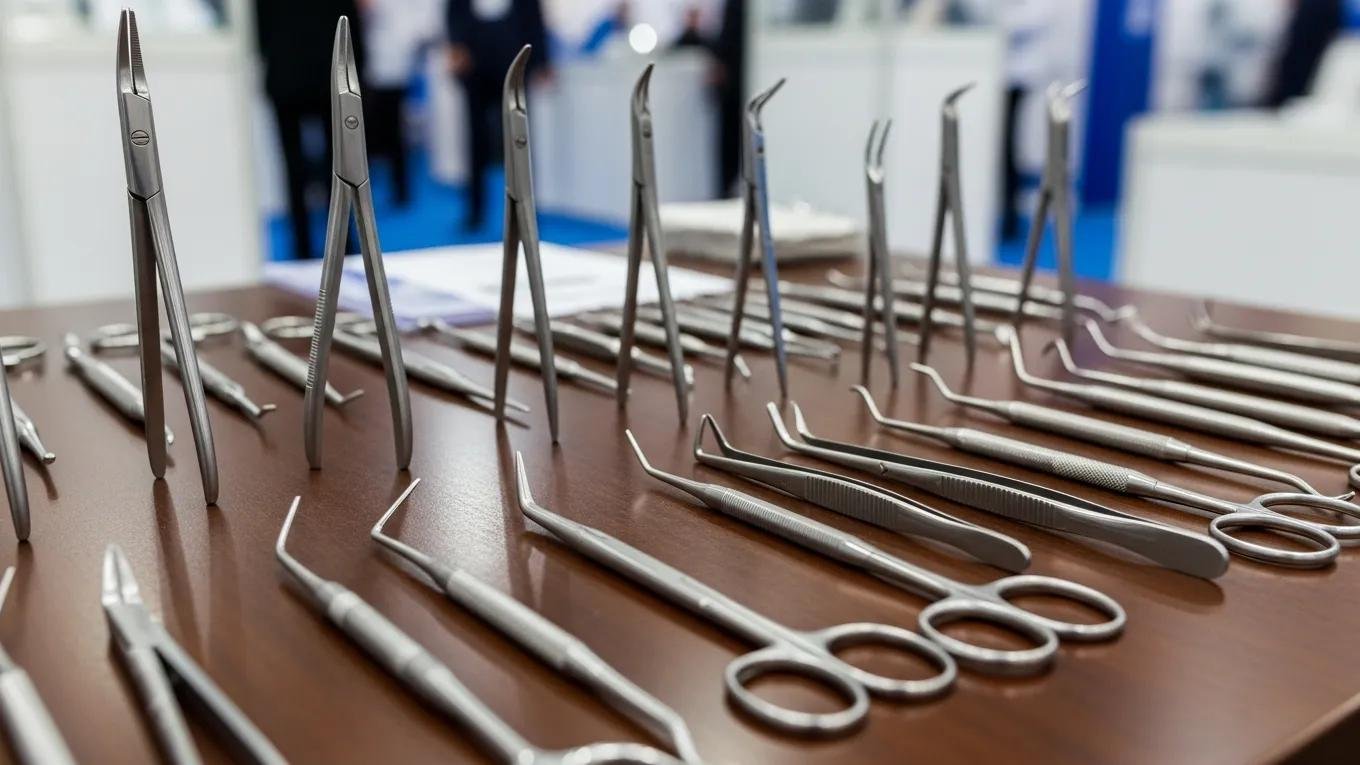 Showcase of premium dental instruments including extracting forceps and scissors at a dental trade show